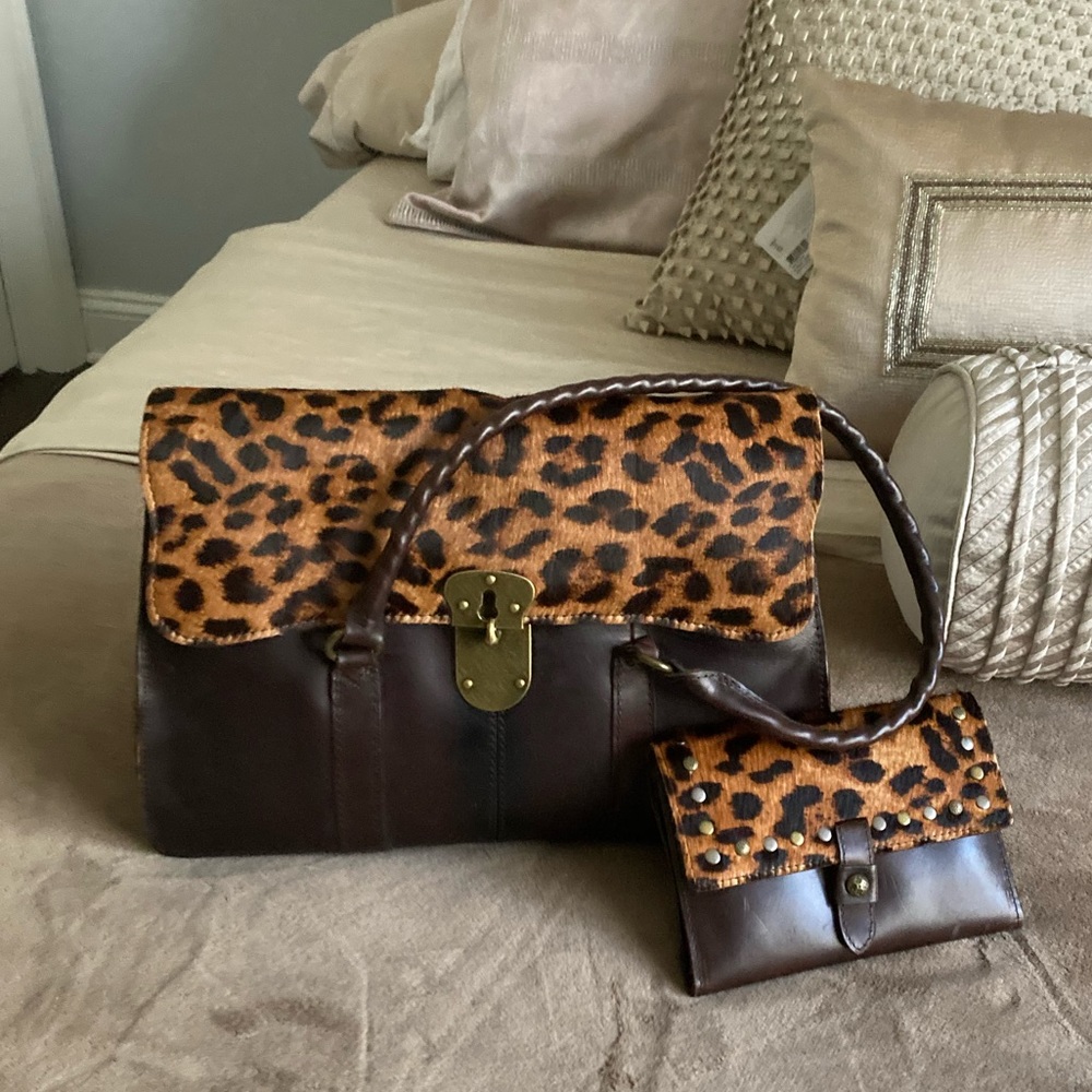 NWT PATRICIA NASH VINTAGE LEOPARD VIENNA SATCHEL PURSE W| MATCHING WALLET